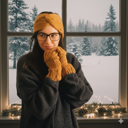 Woman wearing a mustard ear warmer and matching mustard fingerless gloves in front of a snowy window