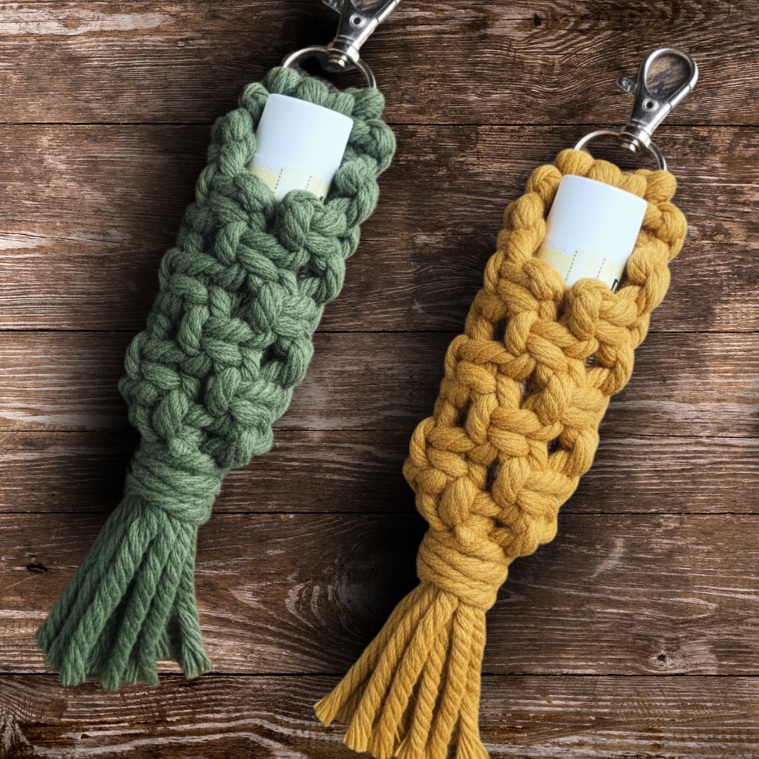 2 macrame chapstick holders one in army green one in mustard yellow
