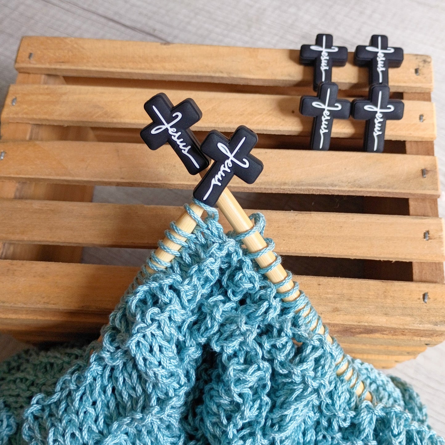 Jesus Cross Knitting Needle Stoppers — black cross silicone stoppers with Jesus script on bamboo knitting needles