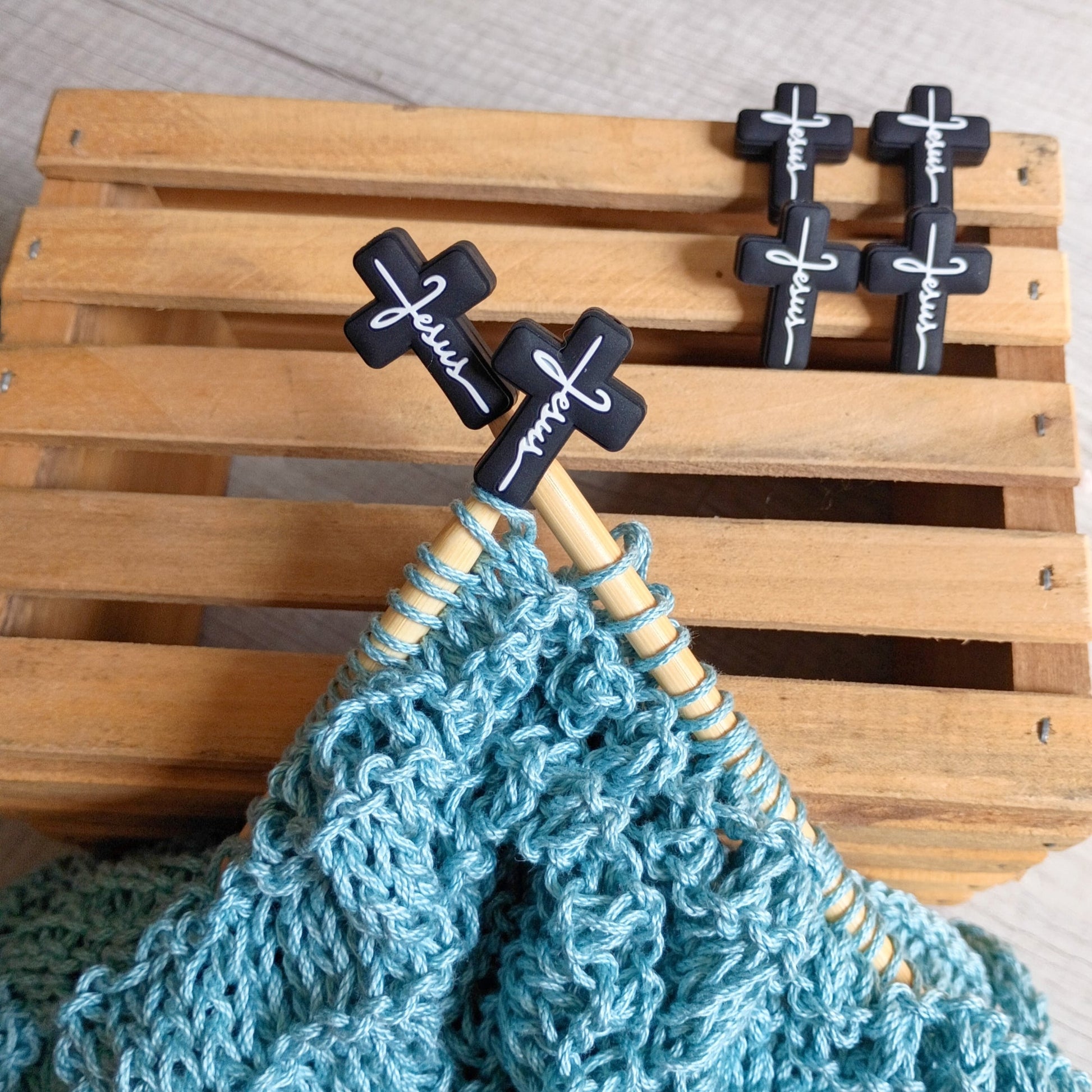 Jesus Cross Knitting Needle Stoppers — black cross silicone stoppers with Jesus script on bamboo knitting needles