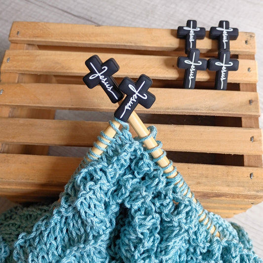 Jesus Cross Knitting Needle Stoppers — black cross silicone stoppers with Jesus script on bamboo knitting needles