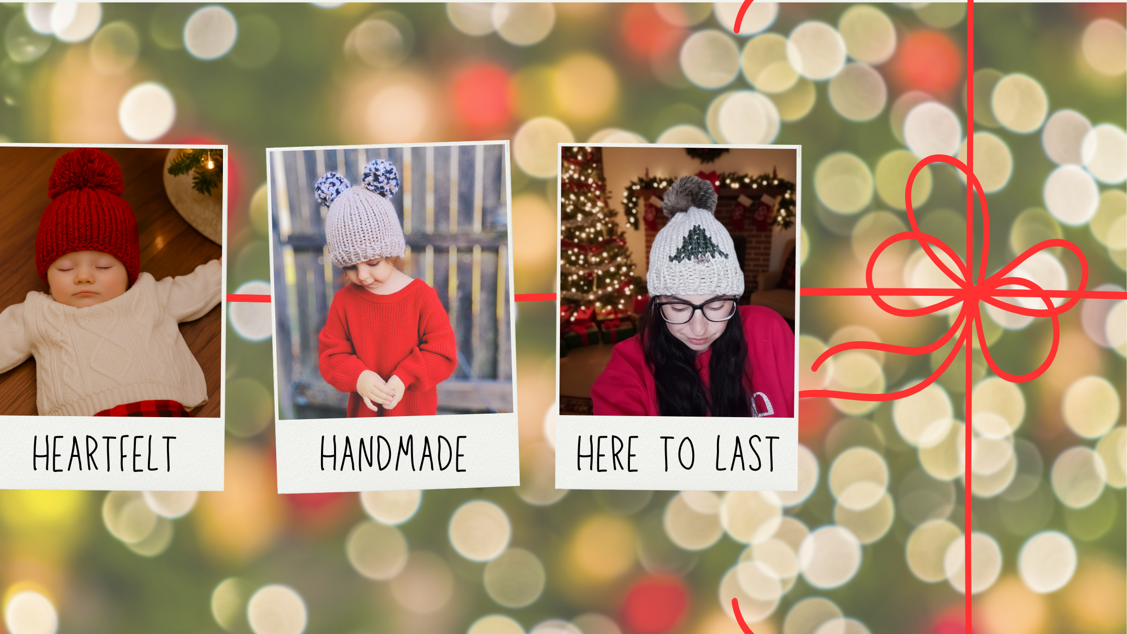 Baby wearing a red beanie, toddler girl wearing a double pom beanie, woman wearing a beanie with pom with a tree stitched on it 