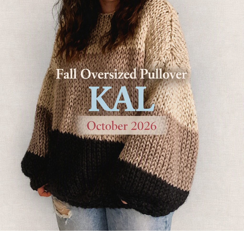A person wearing a chunky knit oversized pullover sweater with horizontal beige, cream, and black color blocking, paired with light blue jeans. The image features text overlays reading 'Fall Oversized Pullover', 'KAL', and 'October 2026', with a 'Made with AI' badge in the top right corner.