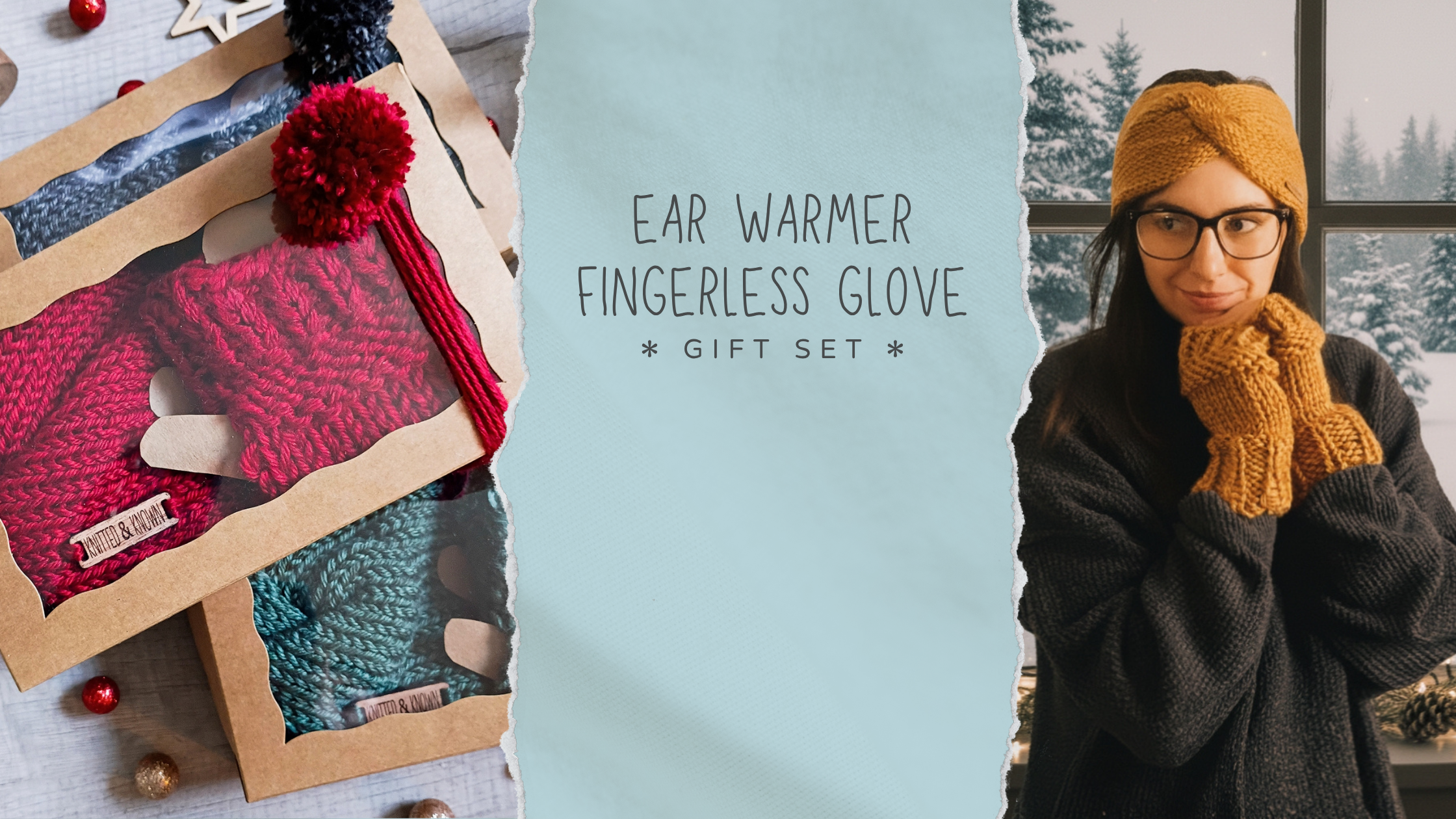 Woman wearing a yellow ear warmer and fingerless gloves with a gift set of knitted items in the background.