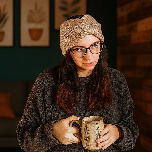Woman holding a mug in a cozy indoor setting with framed artwork on the wall, wearing an ear warmer