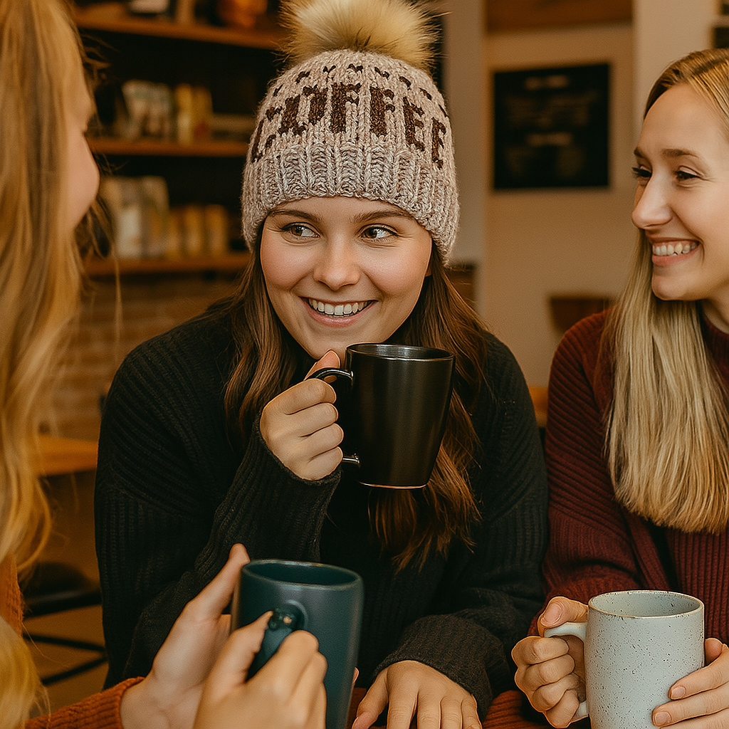 Three friends in a cozy setting, enjoying coffee together one wearing a beanie with a fur pom on top with the word coffee stitched on the front 